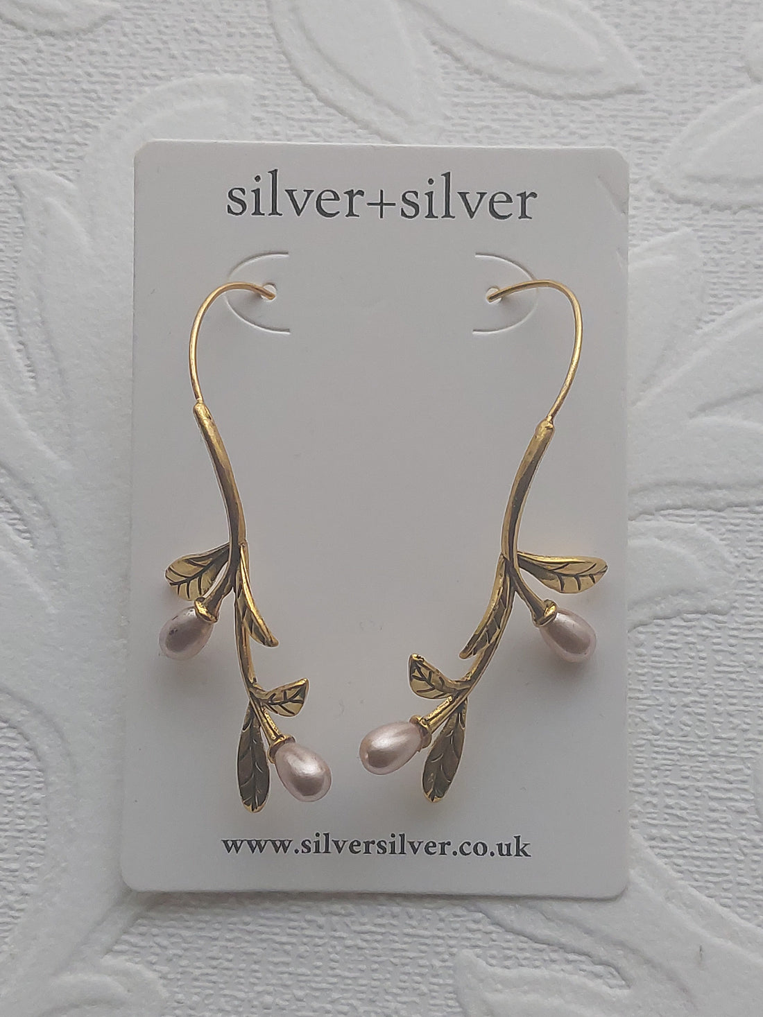 Long Gold Vine Pink Pearl Earrings