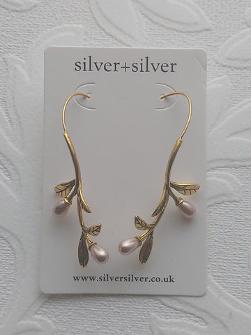 Long Gold Vine Pink Pearl Earrings