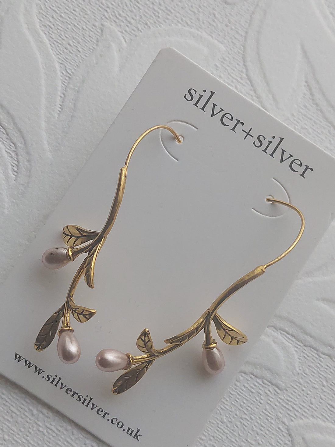 Long Gold Vine Pink Pearl Earrings