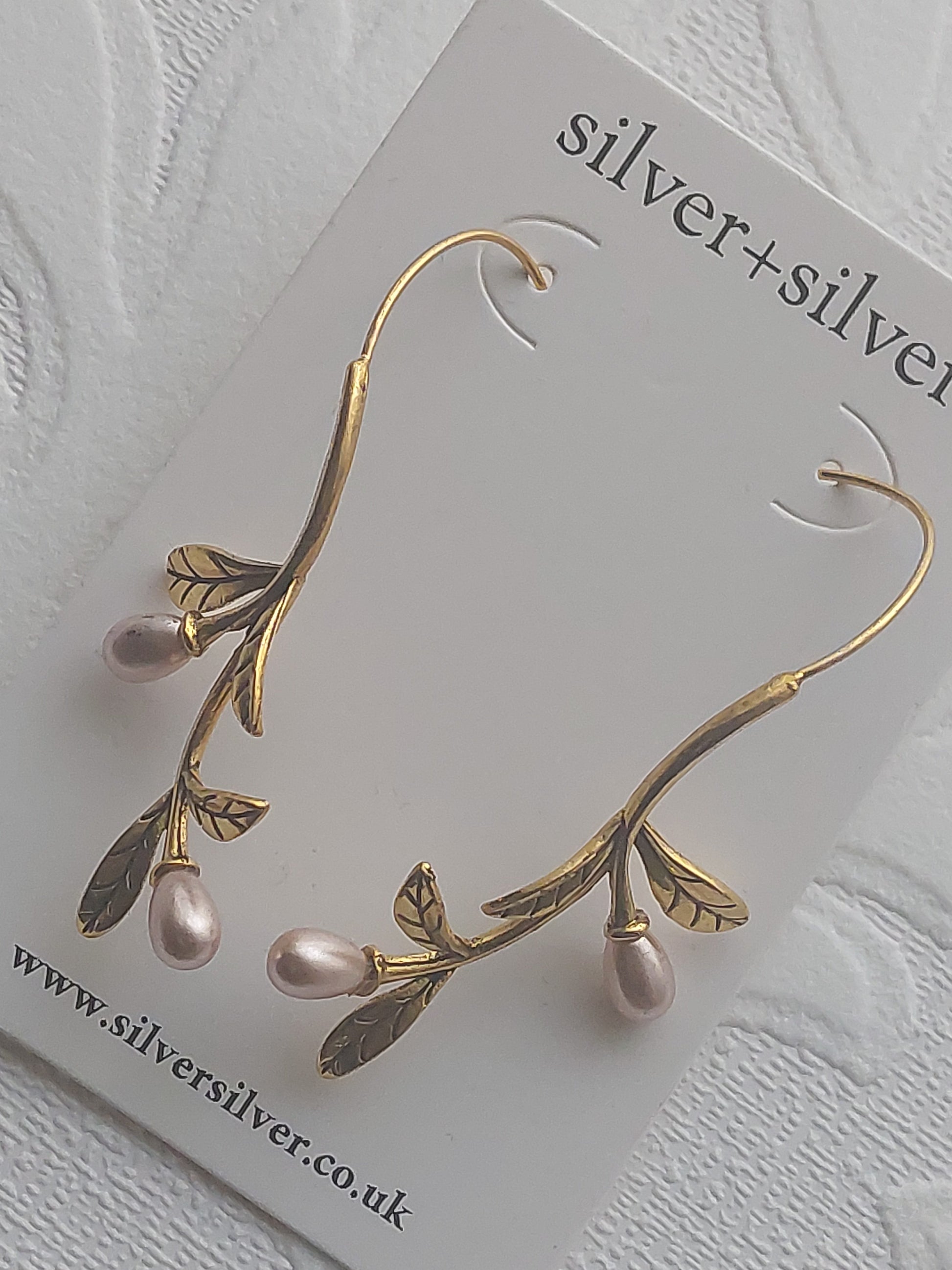 Long Gold Vine Pink Pearl Earrings
