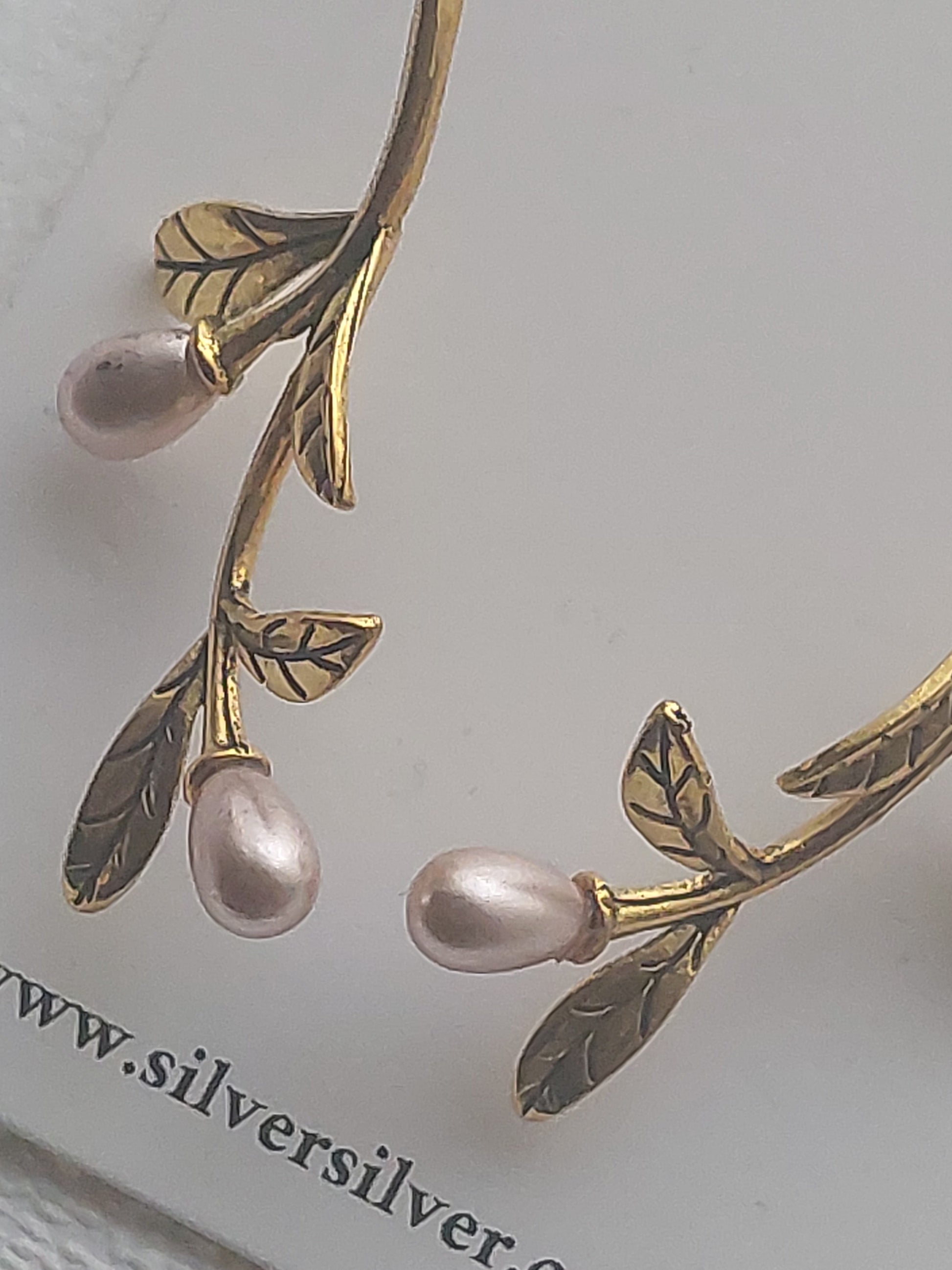 Long Gold Vine Pink Pearl Earrings