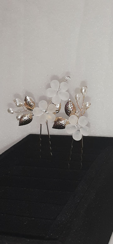 Gold Leaf and Acrylic Flowers Hairpins Set of 2