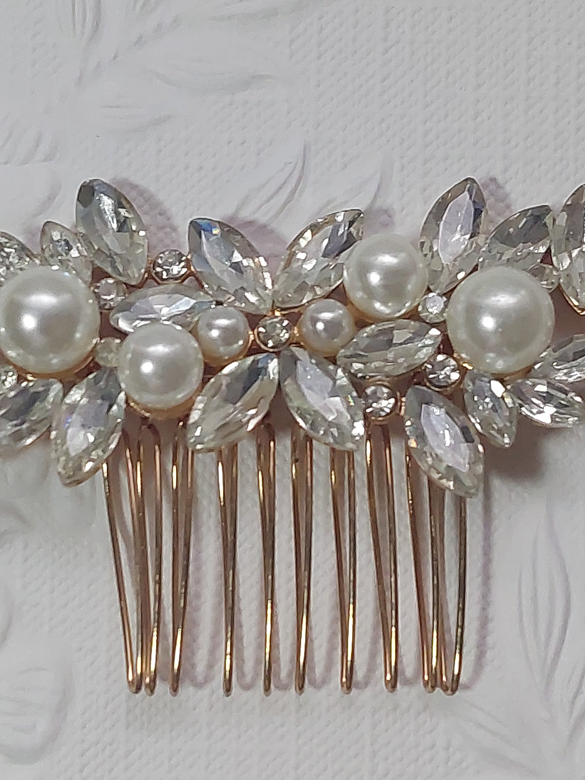 Gold Crystal and Pearl Hair Comb