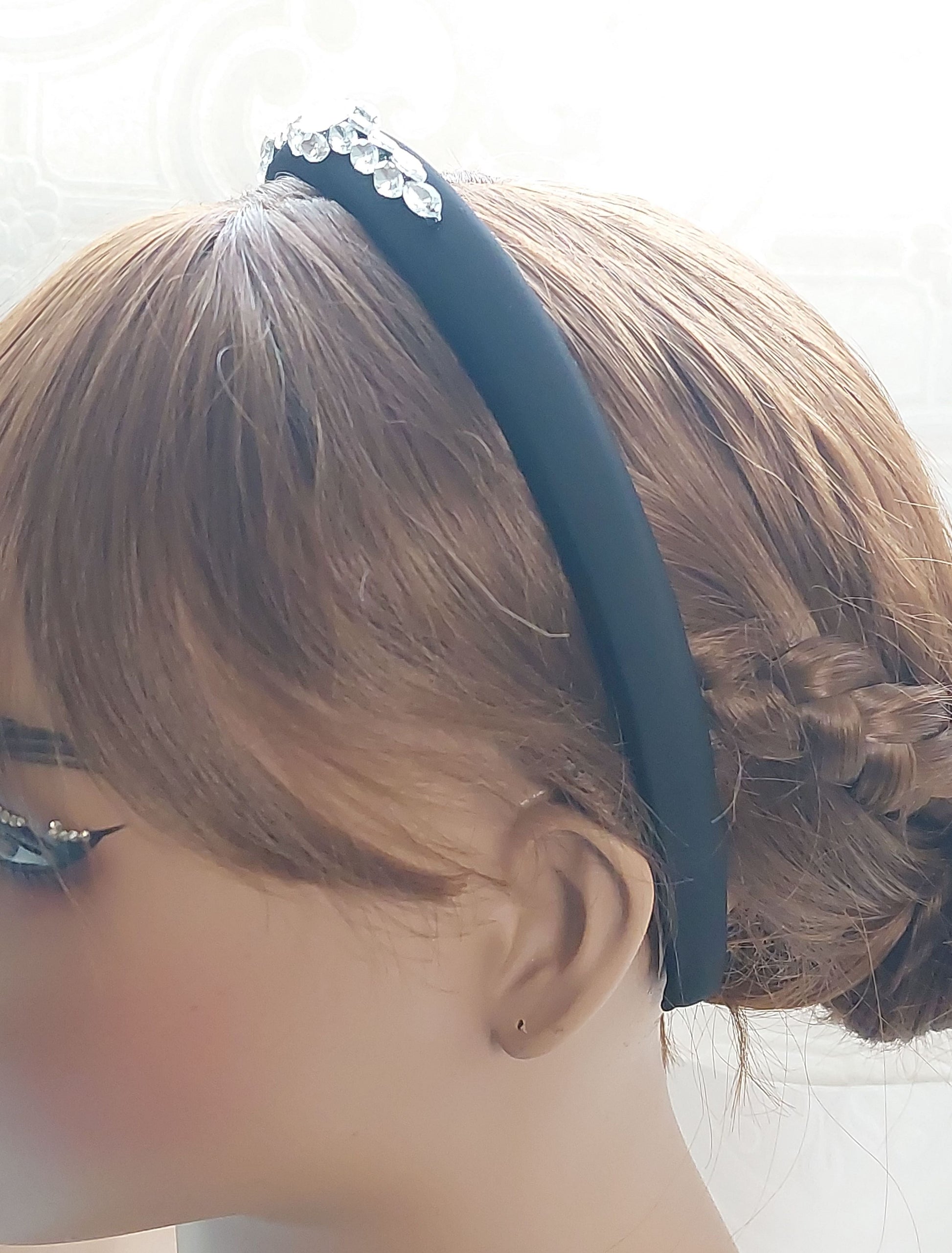 Handmade Black Thin Satin Rhinestone Headband