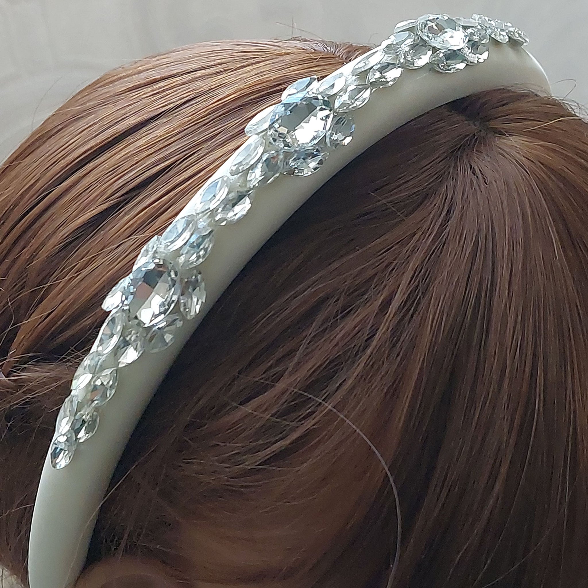 Handmade Ivory Thin Satin Rhinestone Headband