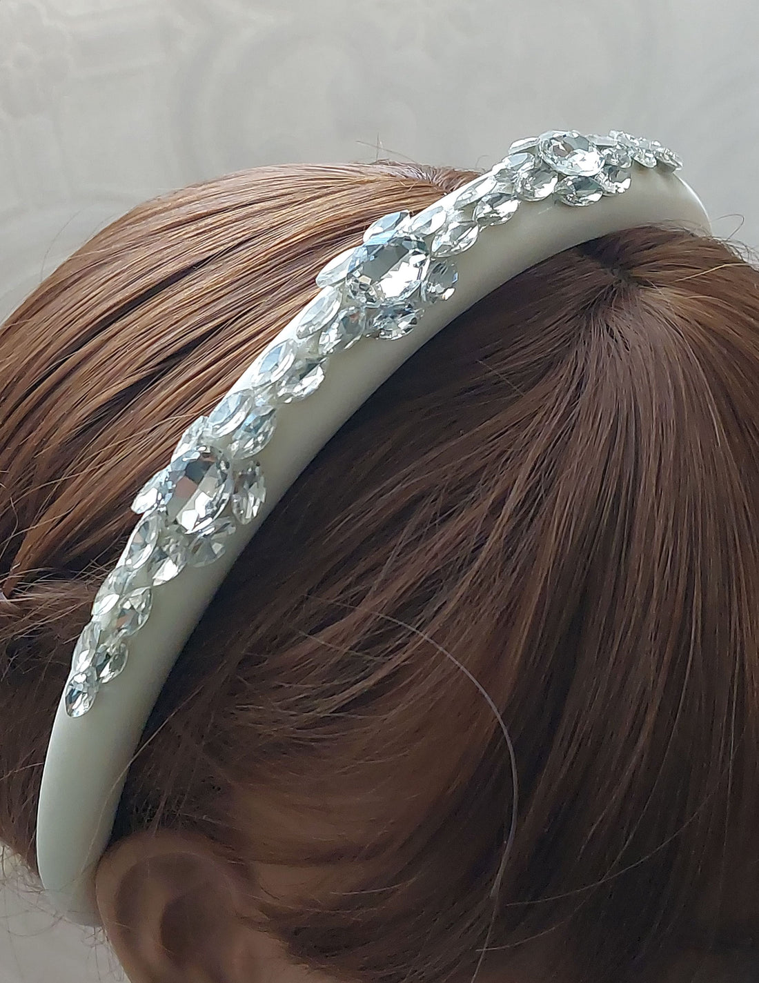 Handmade Ivory Thin Satin Rhinestone Headband
