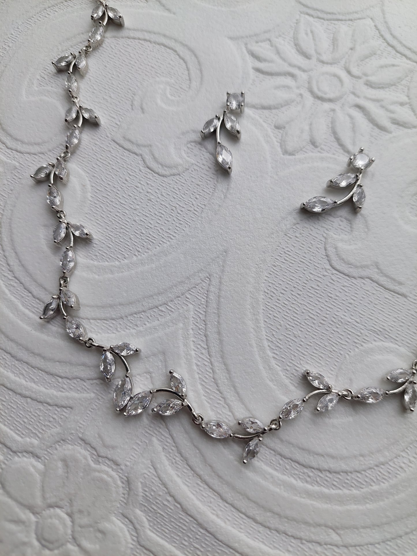 Small Silver Crystal Petal Necklace and Earrings Set