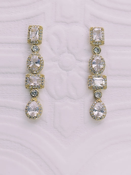 Gold Rectangle/Oval Crystal Long Drop Earrings