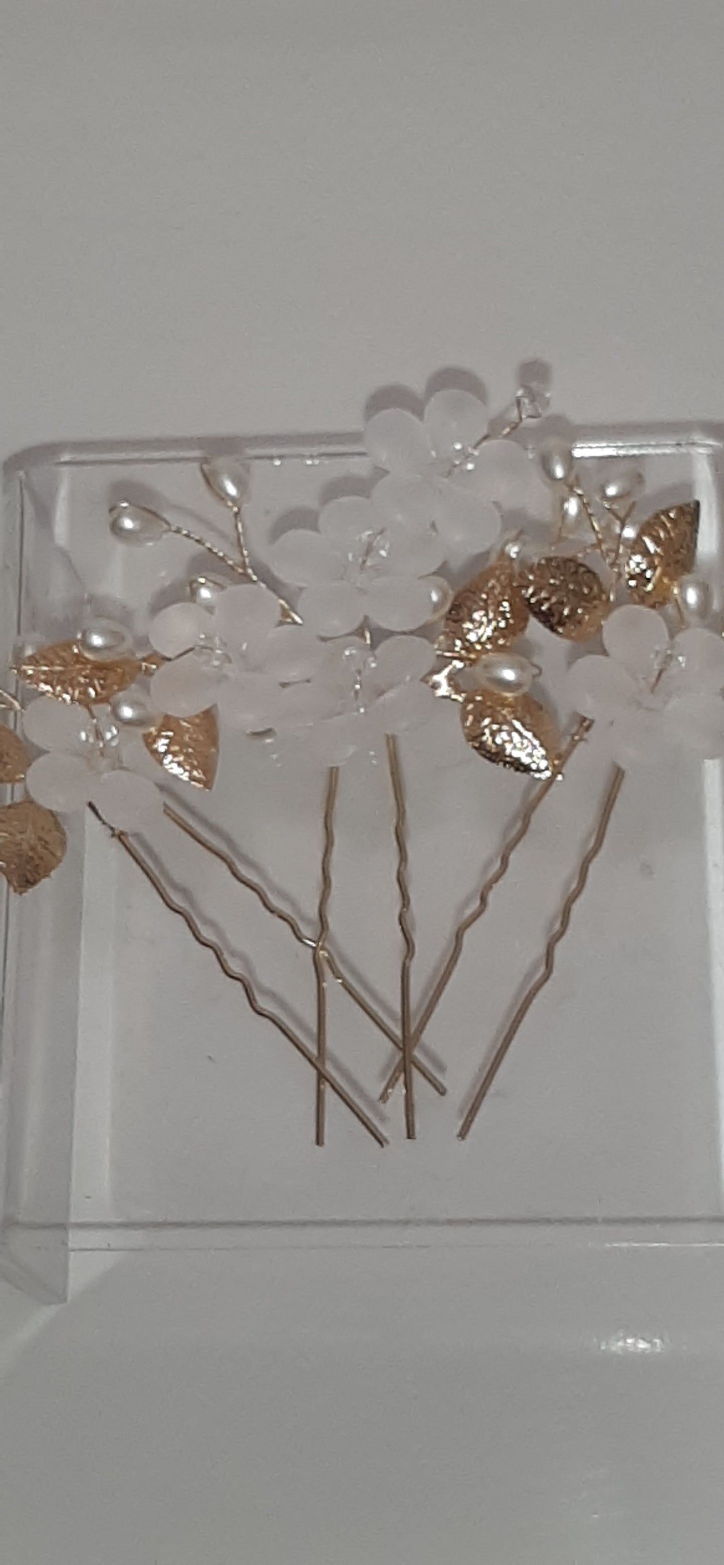 Gold Leaf and Acrylic Flowers Hairpins Set of 3