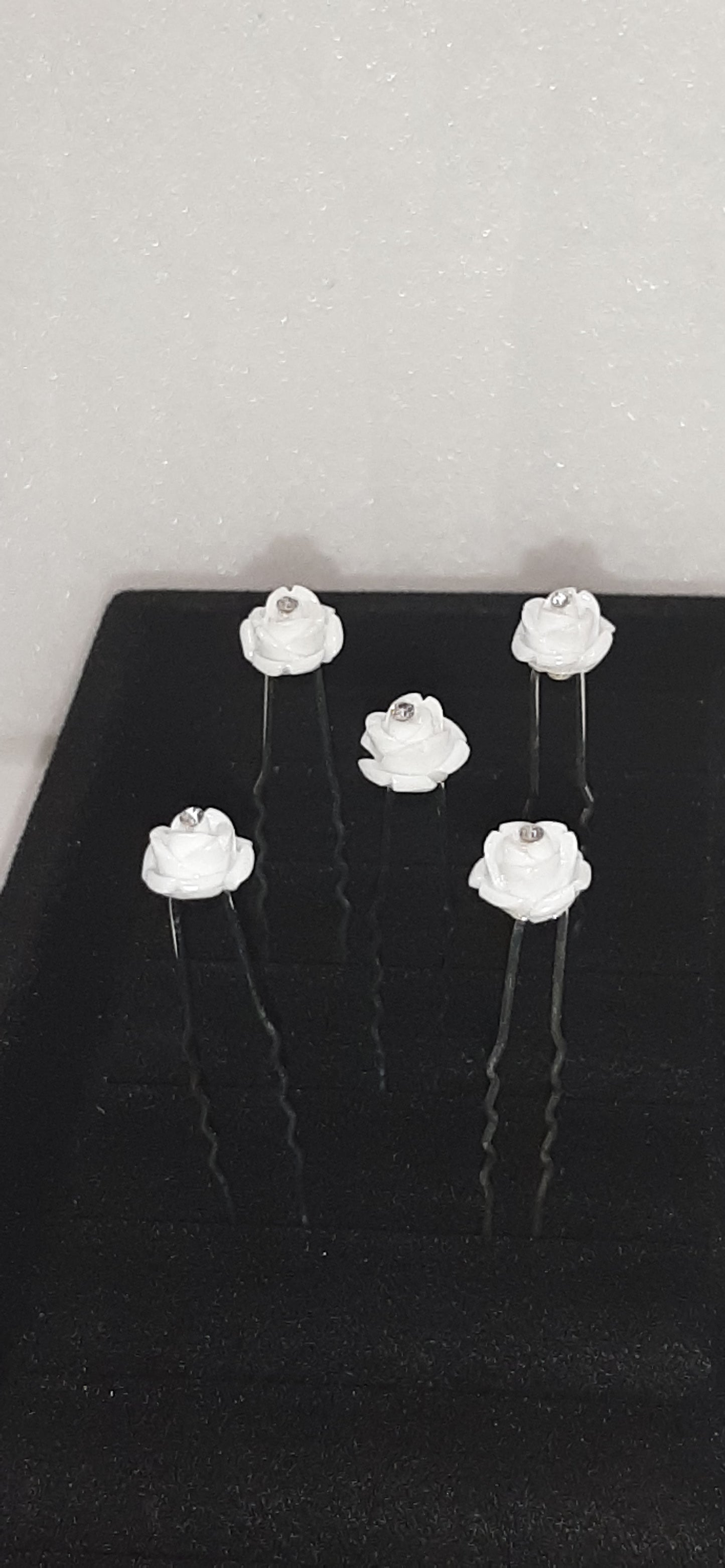 White Rose Diamanté Hair Pins Set of 5