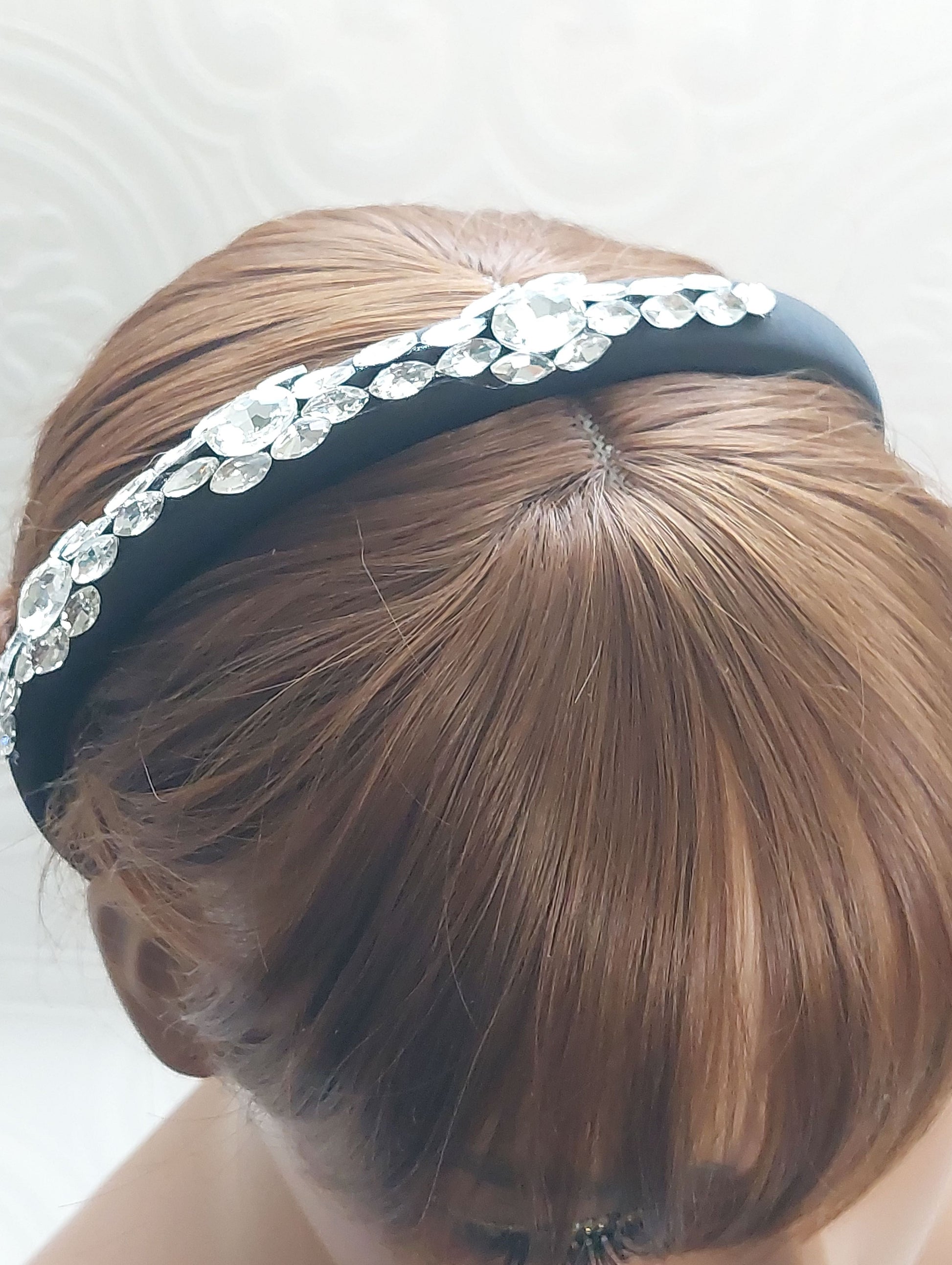 Handmade Black Thin Satin Rhinestone Headband