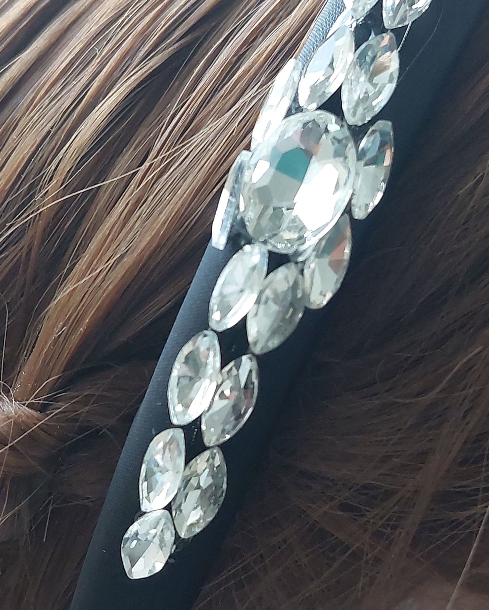 Handmade Black Thin Satin Rhinestone Headband