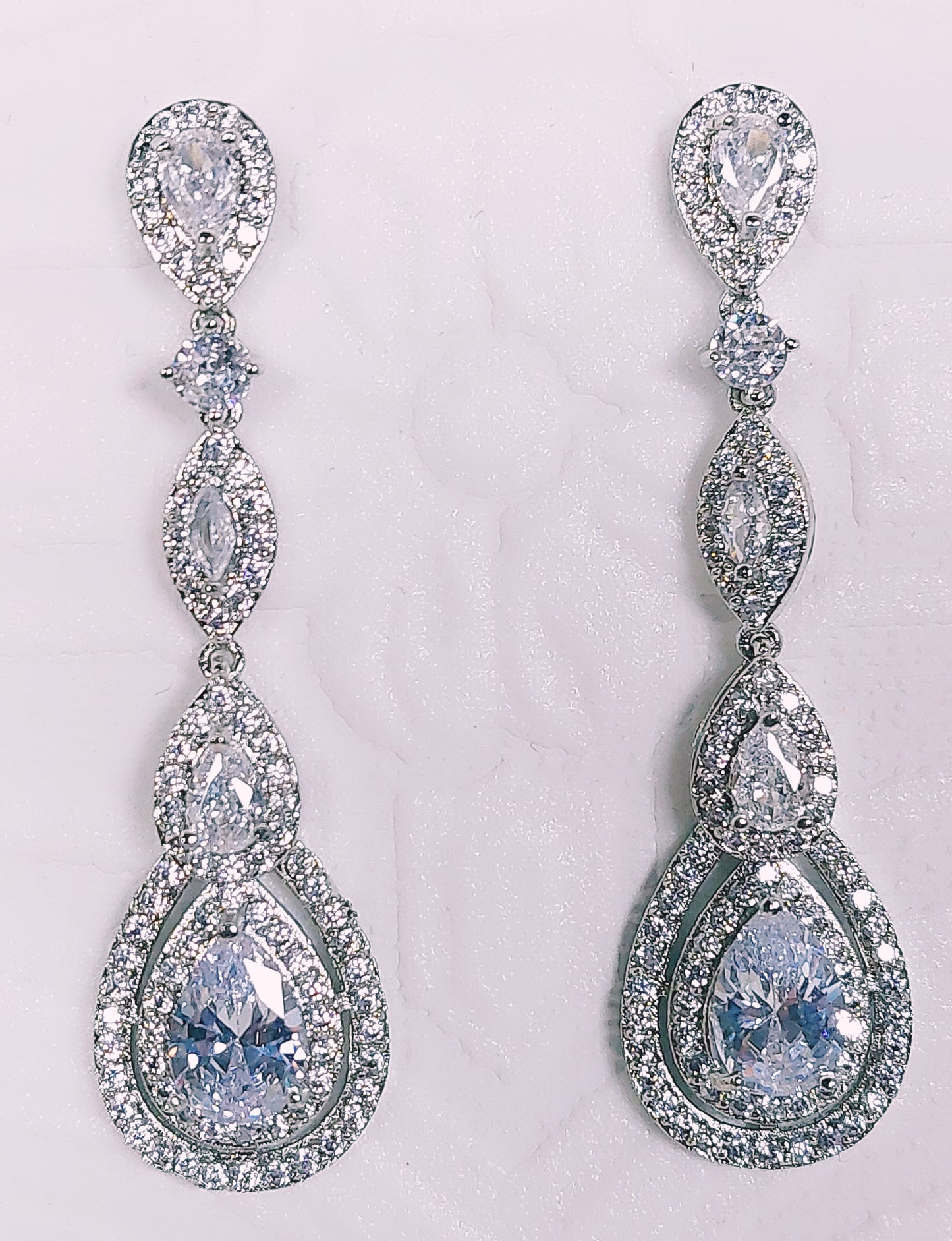 Long 4Tier Tear Drop Silver Crystal Earrings