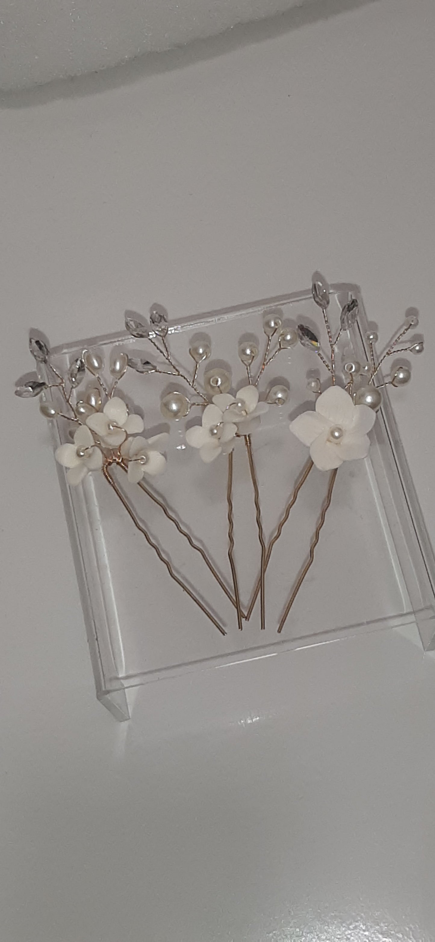 Clay Flowers Pearl Hairpins Set of 3