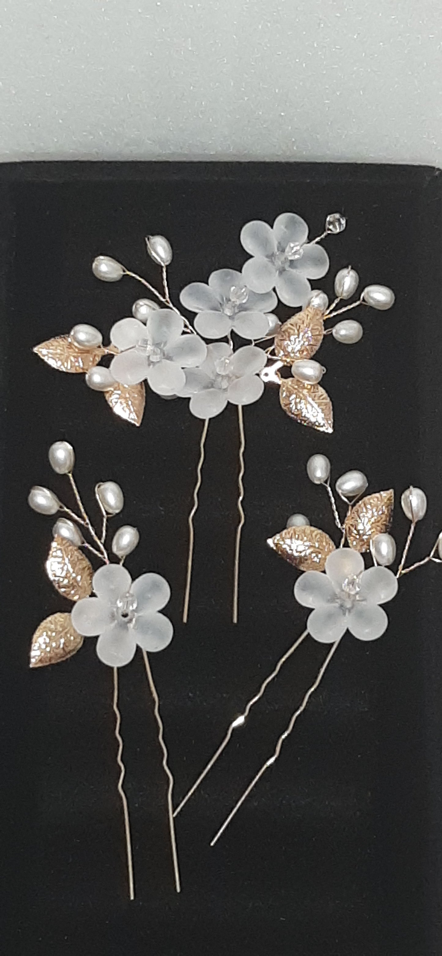 Gold Leaf and Acrylic Flowers Hairpins Set of 3