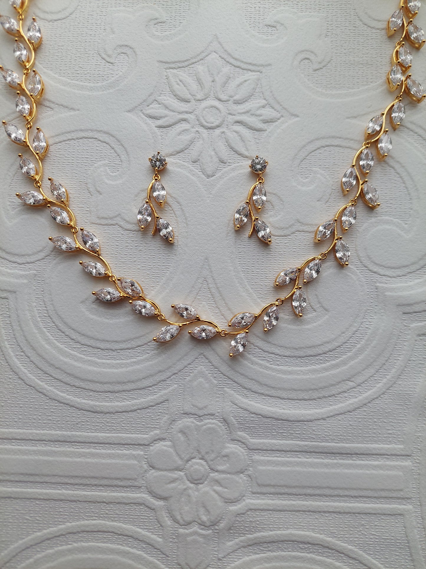 Large Gold Crystal Vine Necklace and Earrings Set