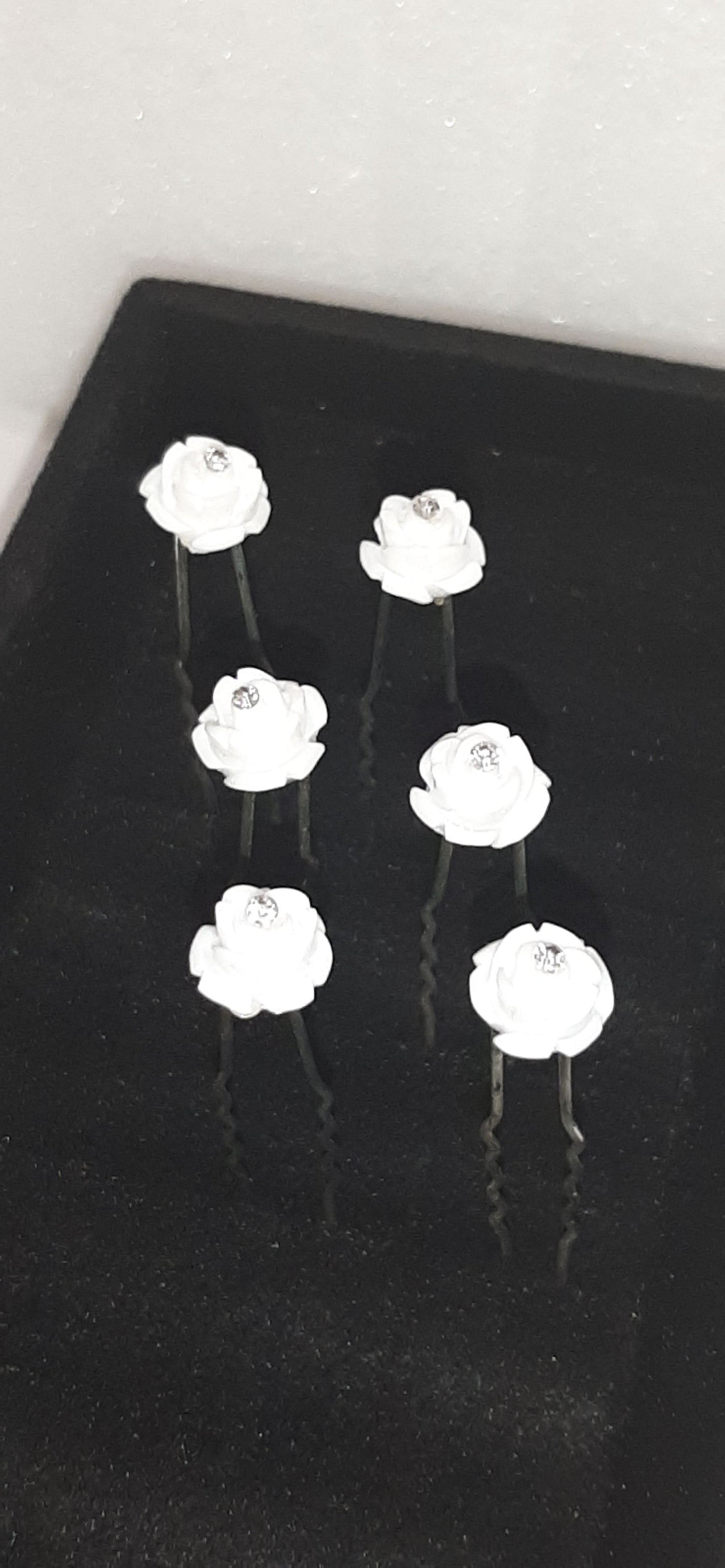 White Rose Diamanté Hair Pins Set of 6