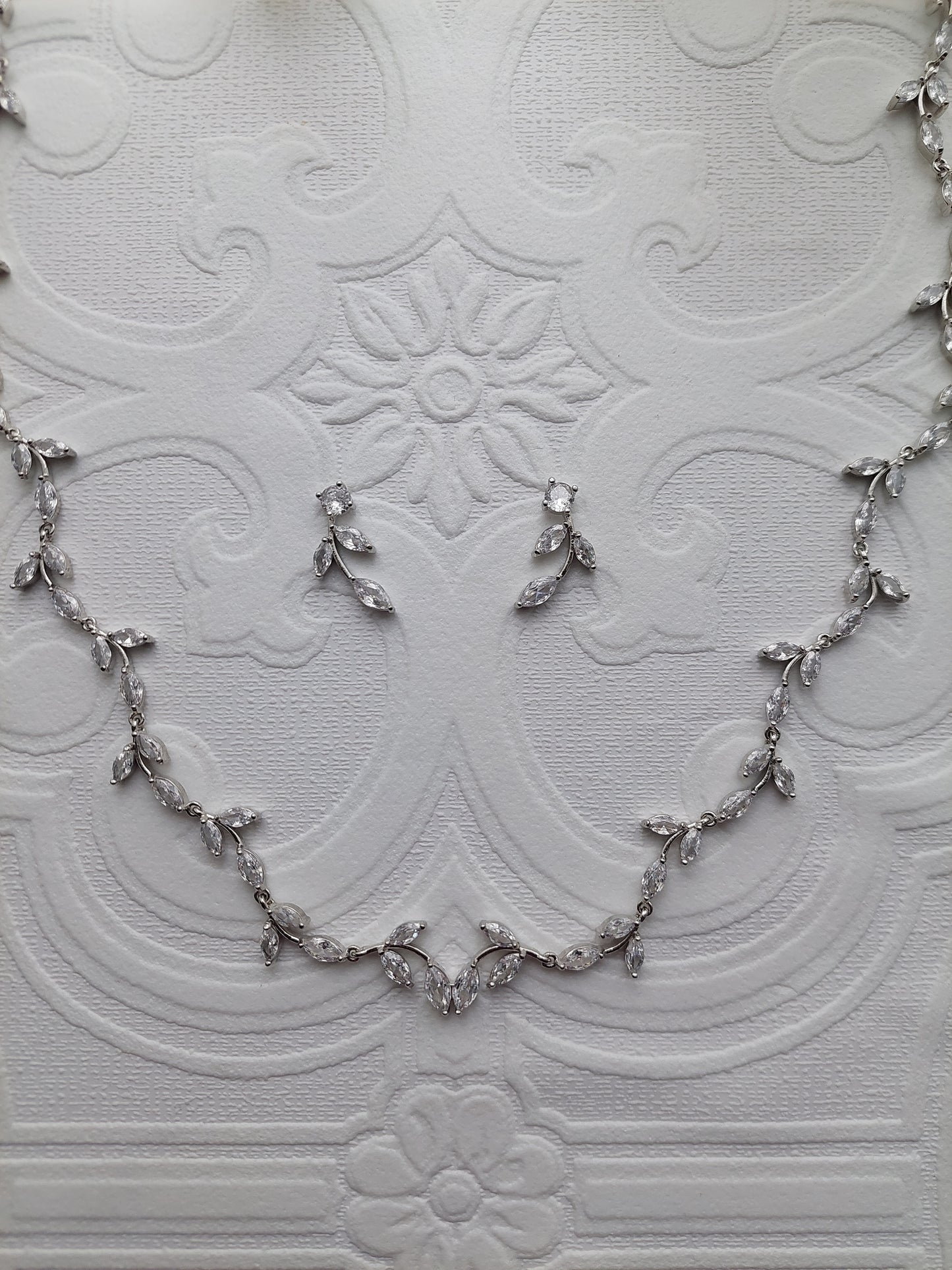 Small Silver Crystal Petal Necklace and Earrings Set