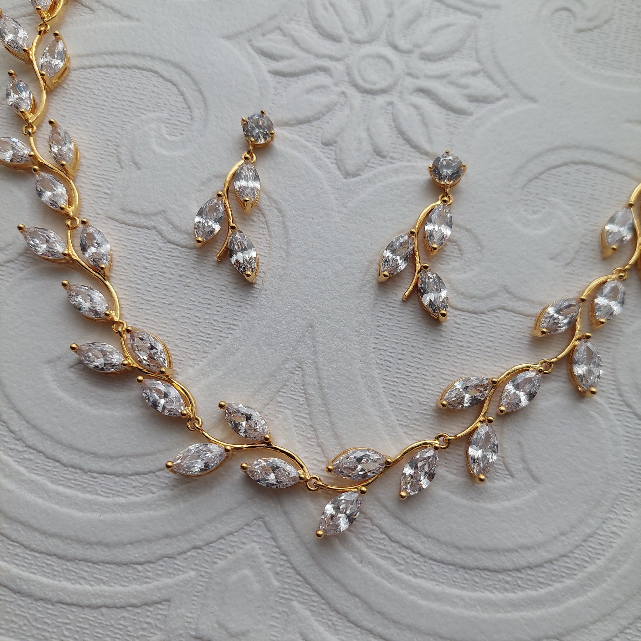 Large Gold Crystal Vine Necklace and Earrings Set