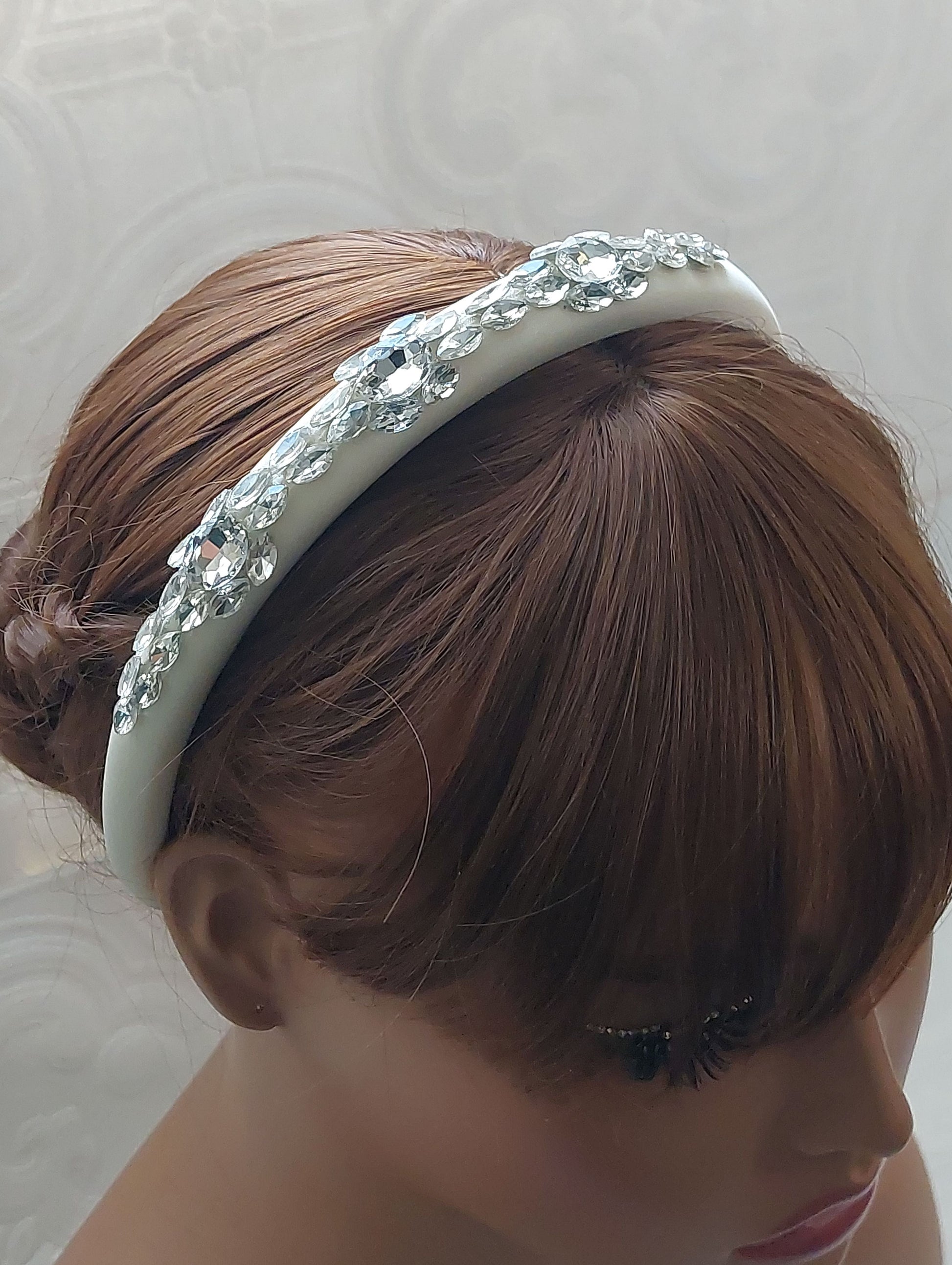Handmade Ivory Thin Satin Rhinestone Headband
