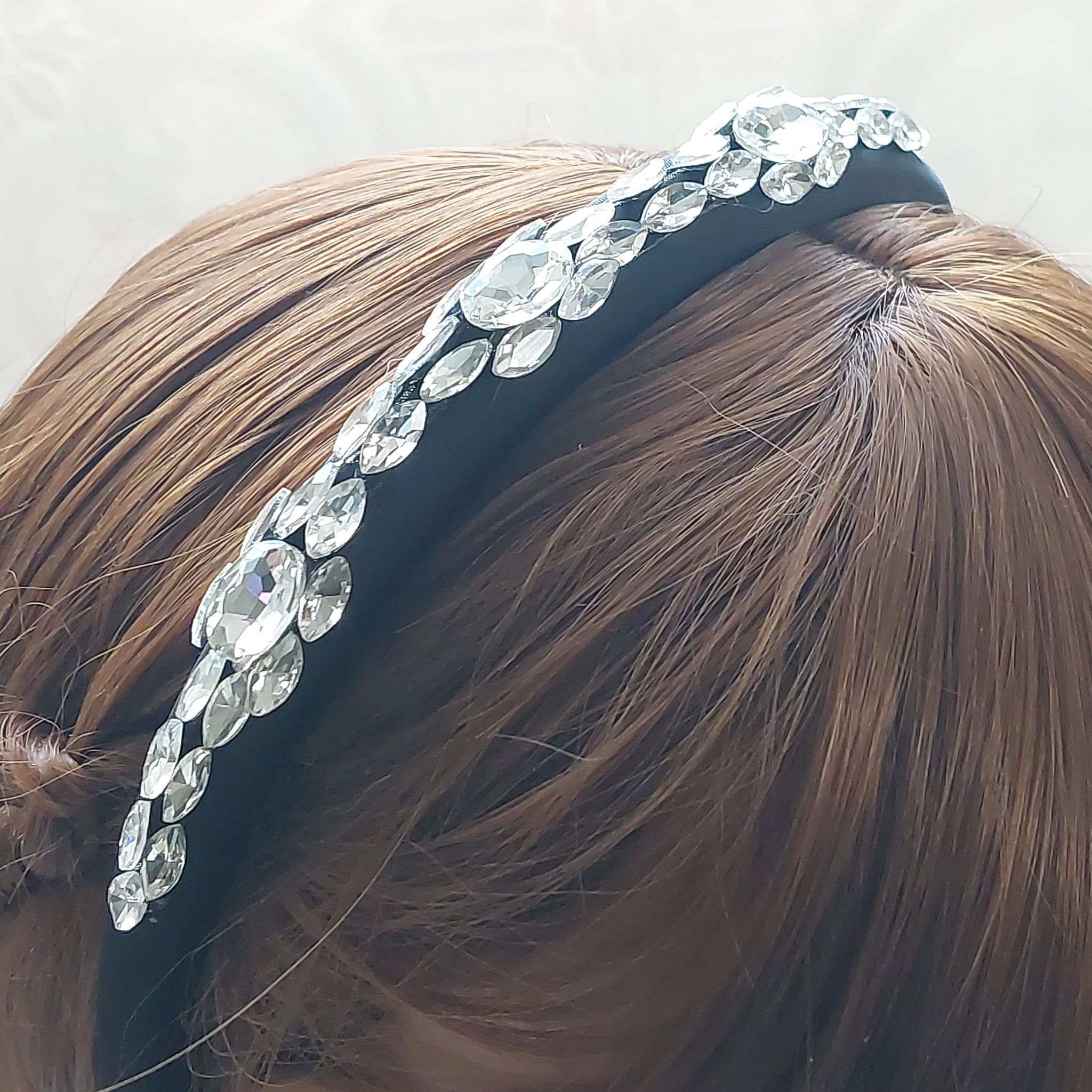 Handmade Black Thin Satin Rhinestone Headband