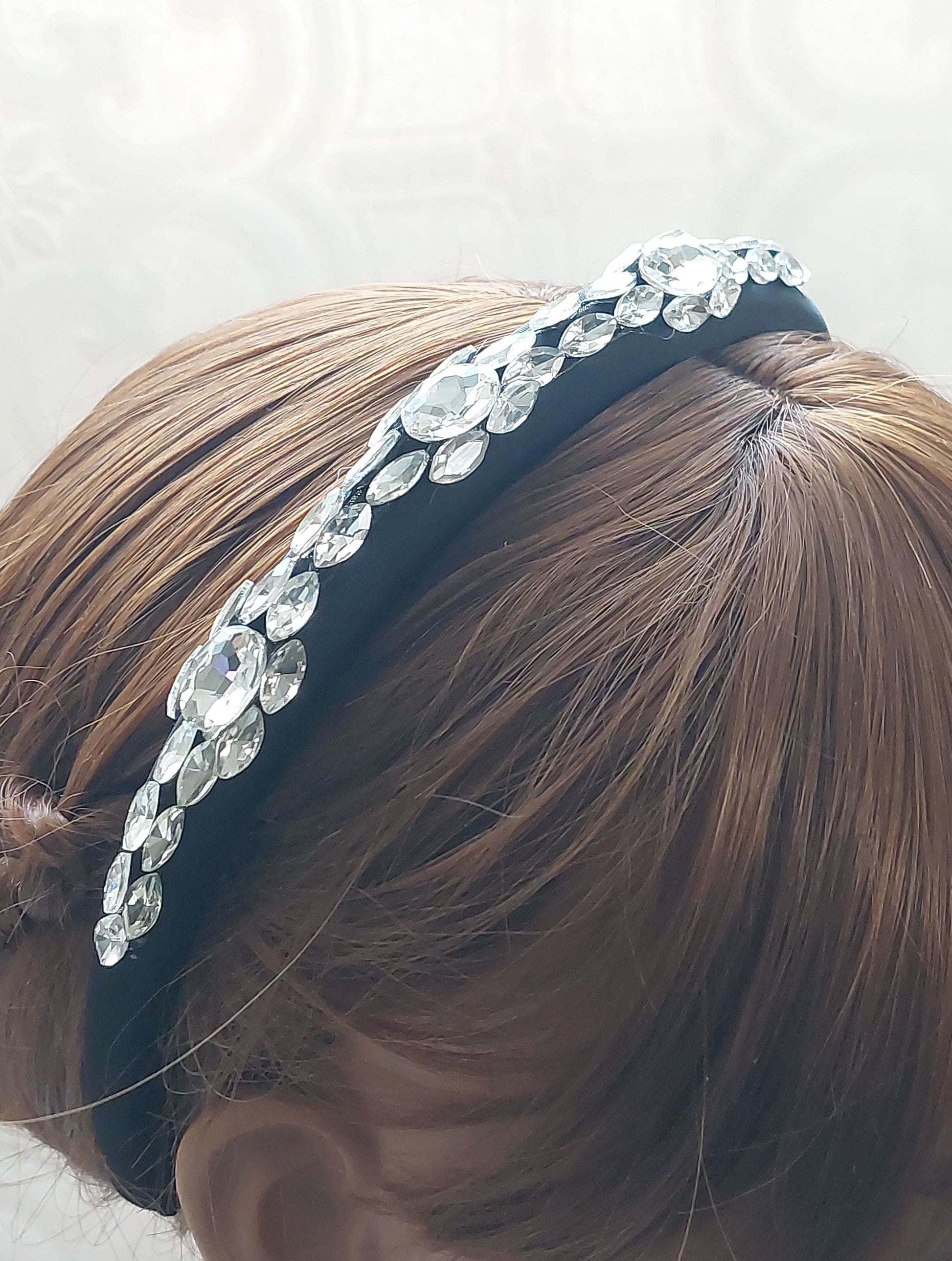 Handmade Black Thin Satin Rhinestone Headband