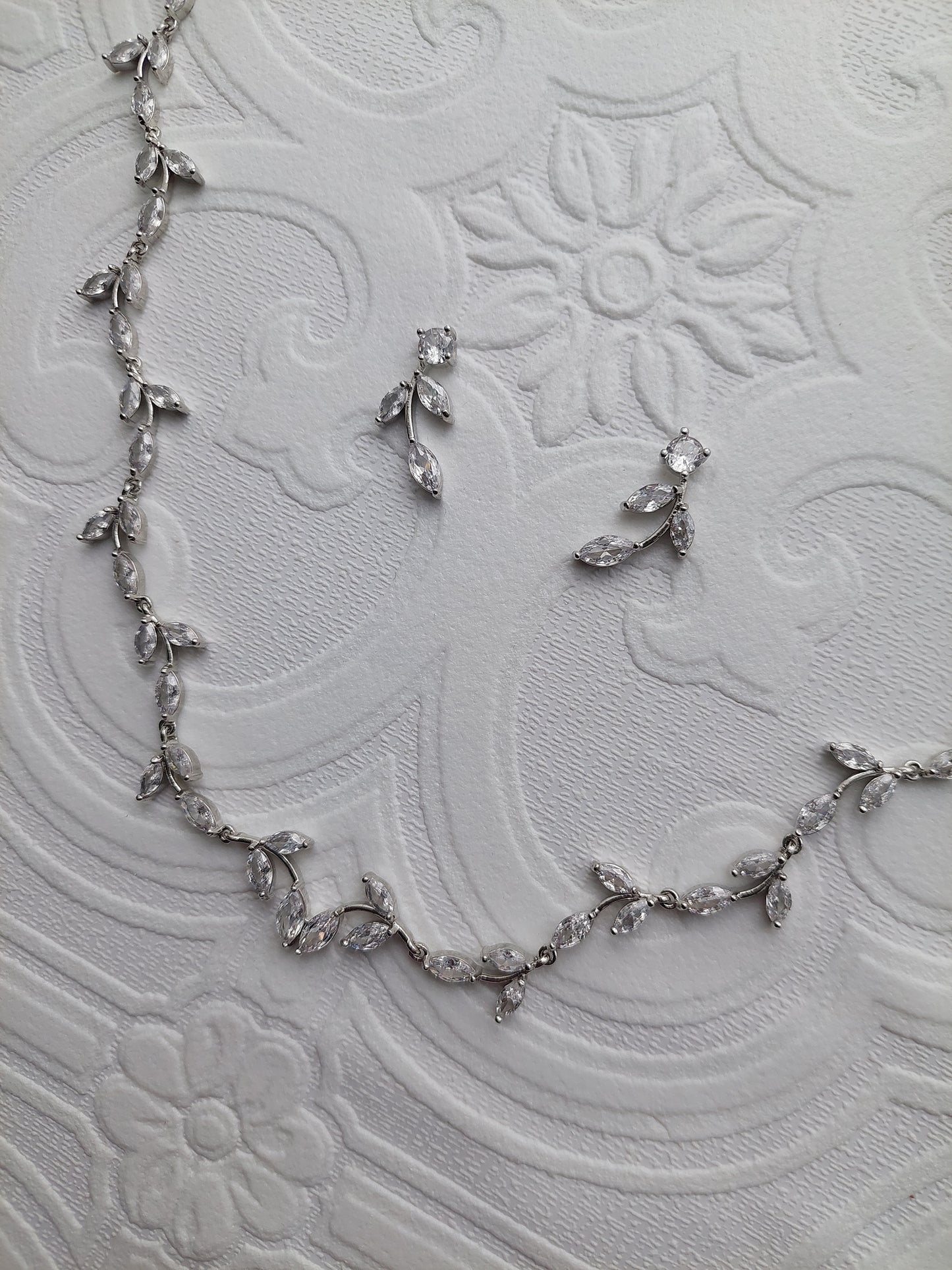 Small Silver Crystal Petal Necklace and Earrings Set