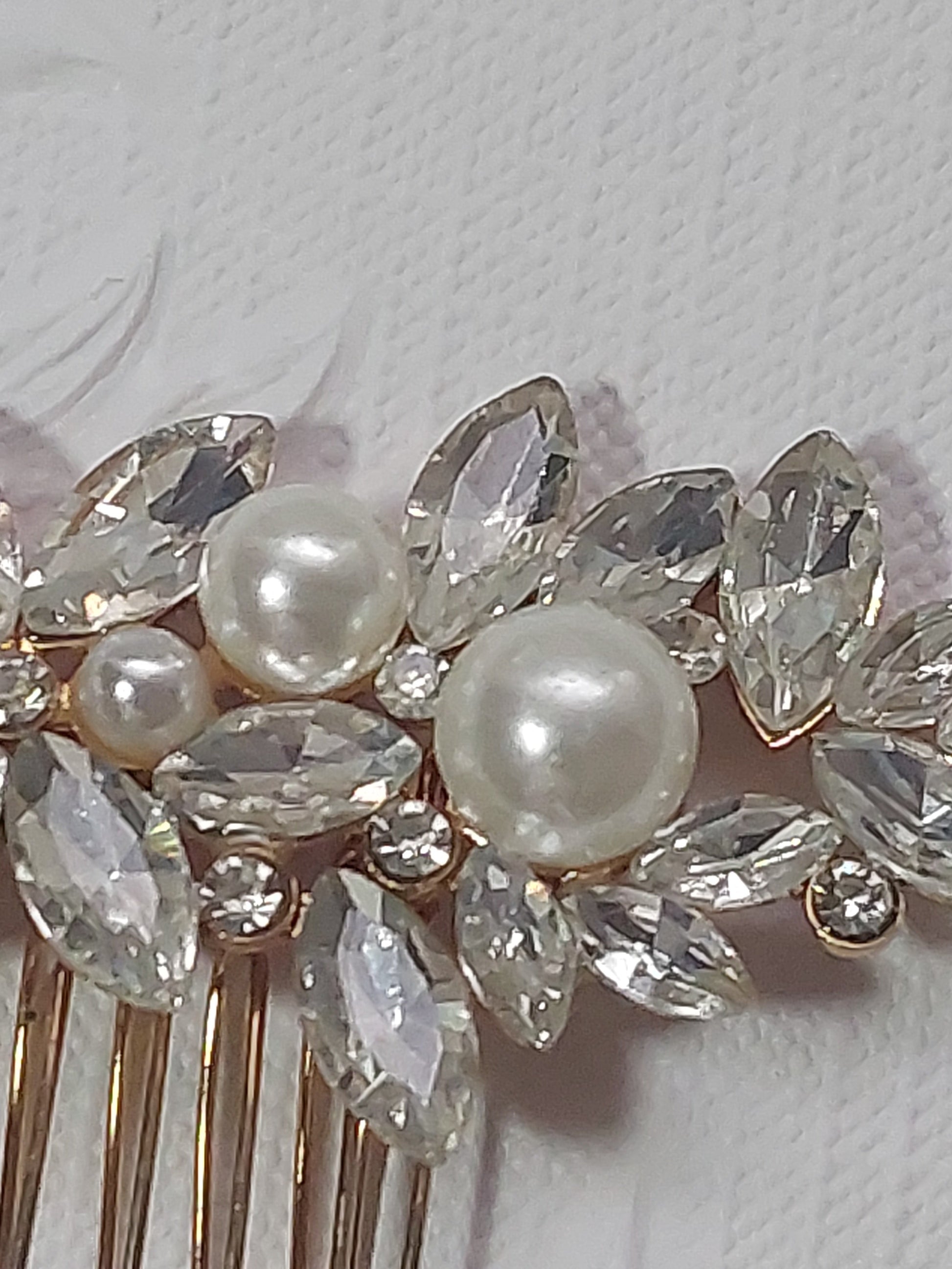Gold Crystal and Pearl Hair Comb