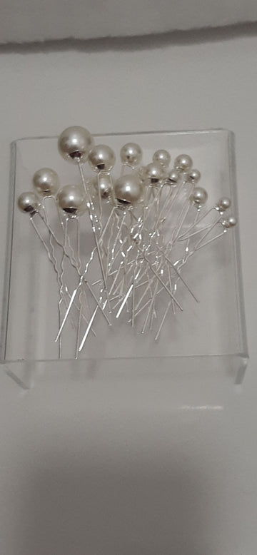 Silver Pearls Hairpins Set of 16