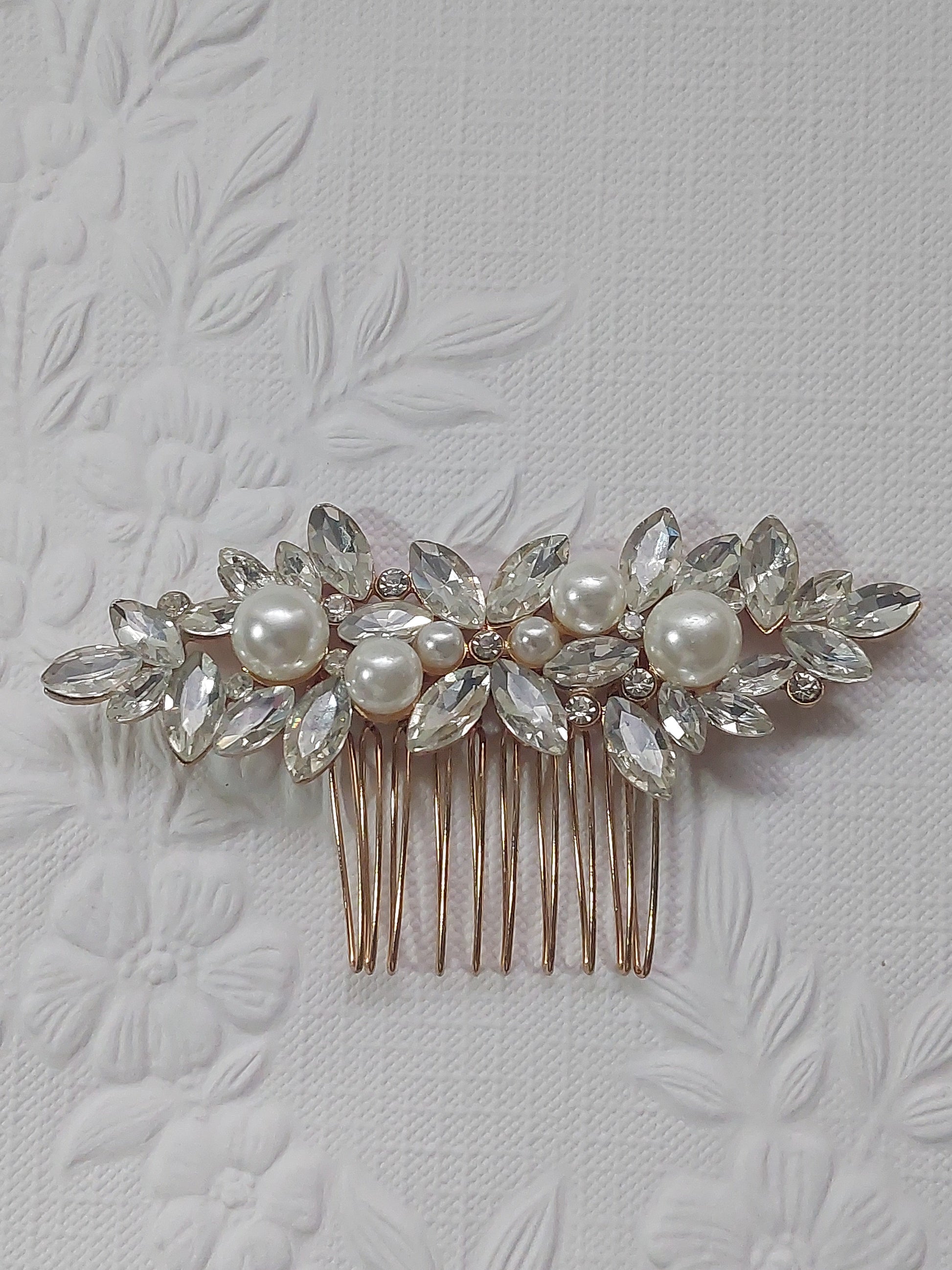 Gold Crystal and Pearl Hair Comb