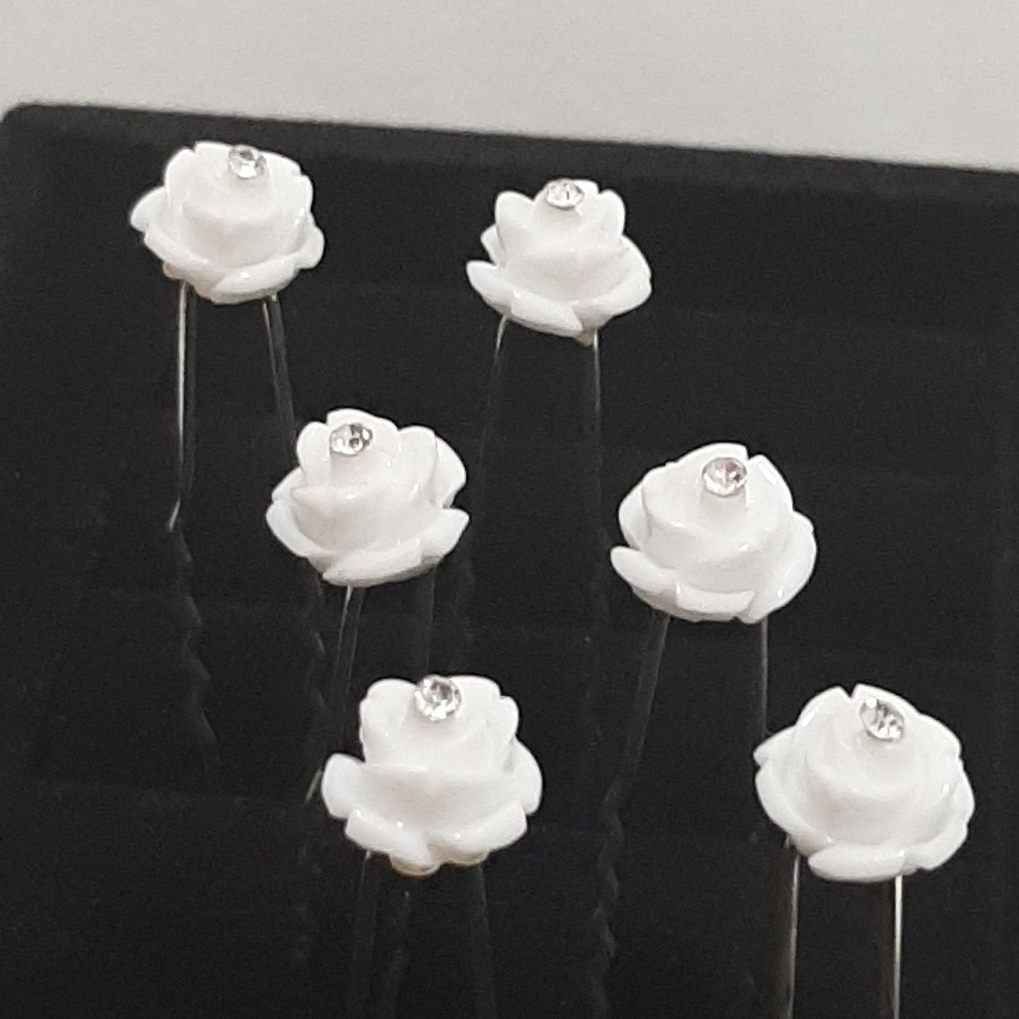 White Rose Diamanté Hair Pins Set of 6