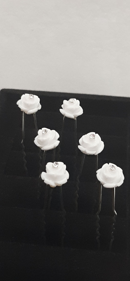 White Rose Diamanté Hair Pins Set of 6