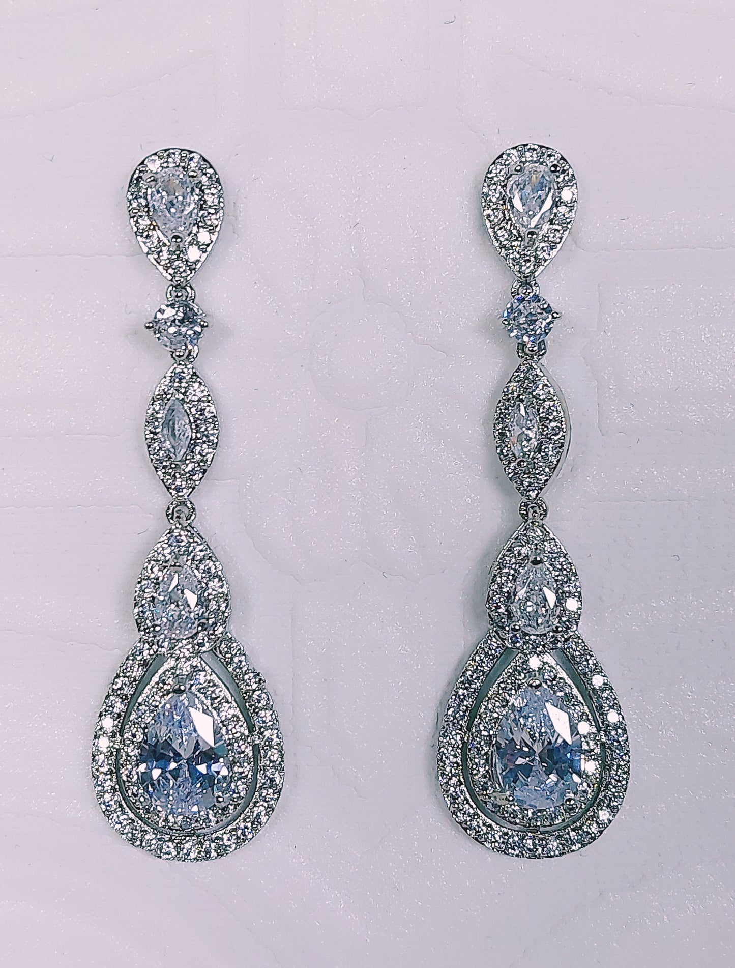 Long 4Tier Tear Drop Silver Crystal Earrings