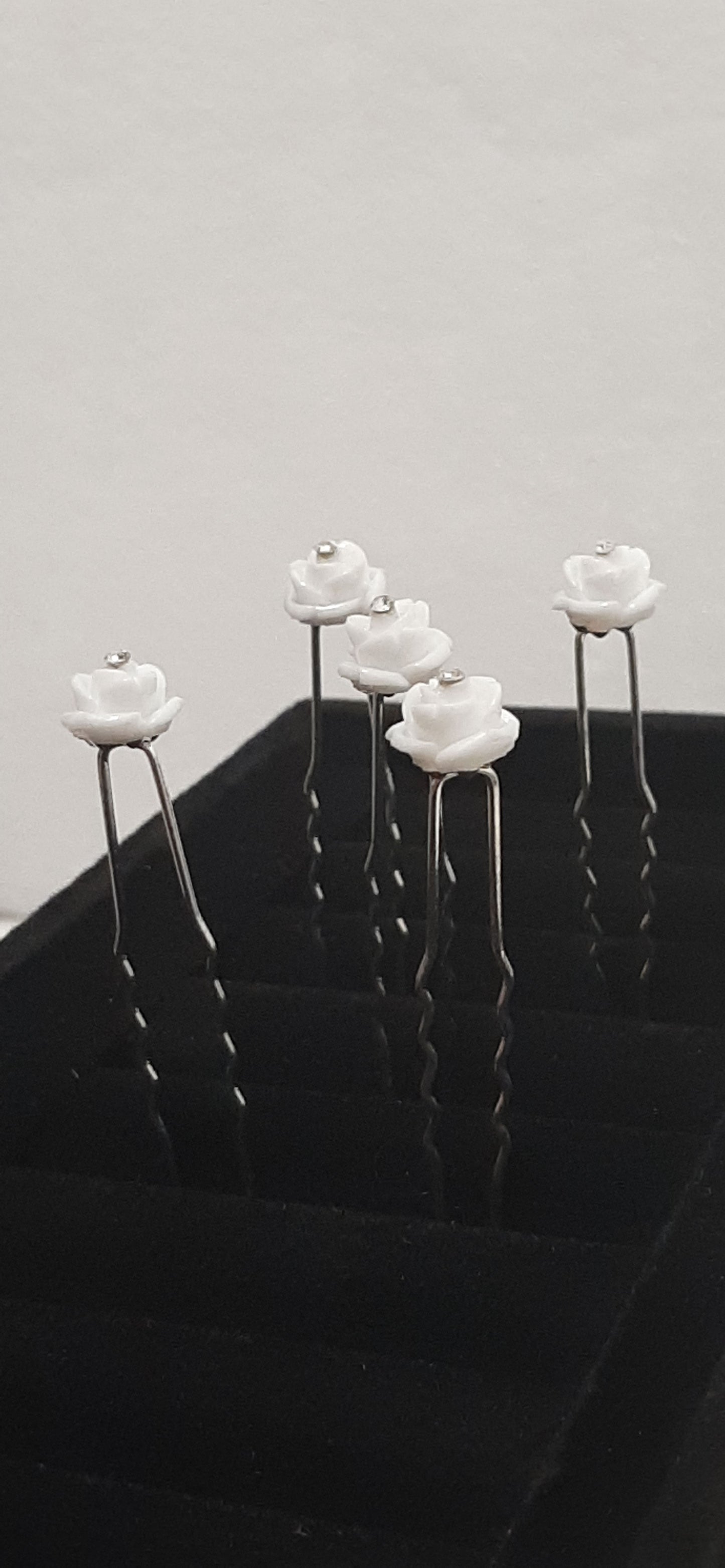 White Rose Diamanté Hair Pins Set of 5