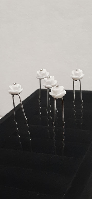 White Rose Diamanté Hair Pins Set of 5