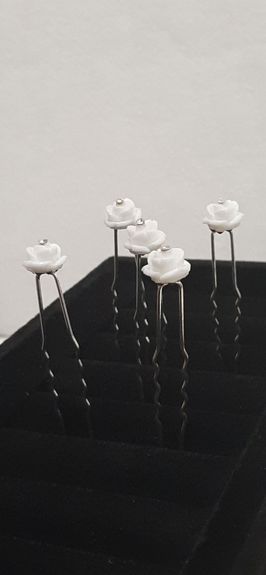 White Rose Diamanté Hair Pins Set of 5